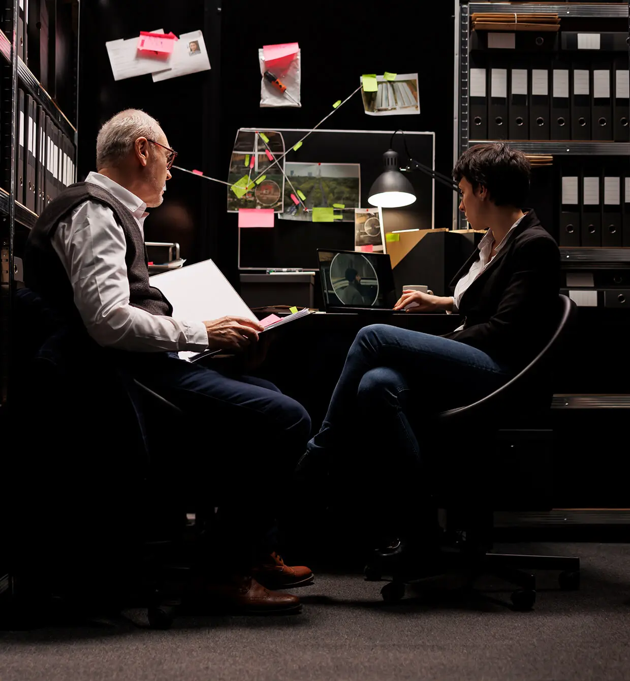 Two people working in dimly lit office