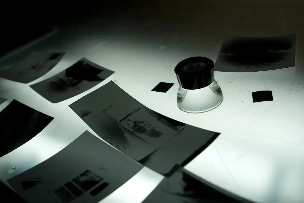 Black and white film negatives with loupe
